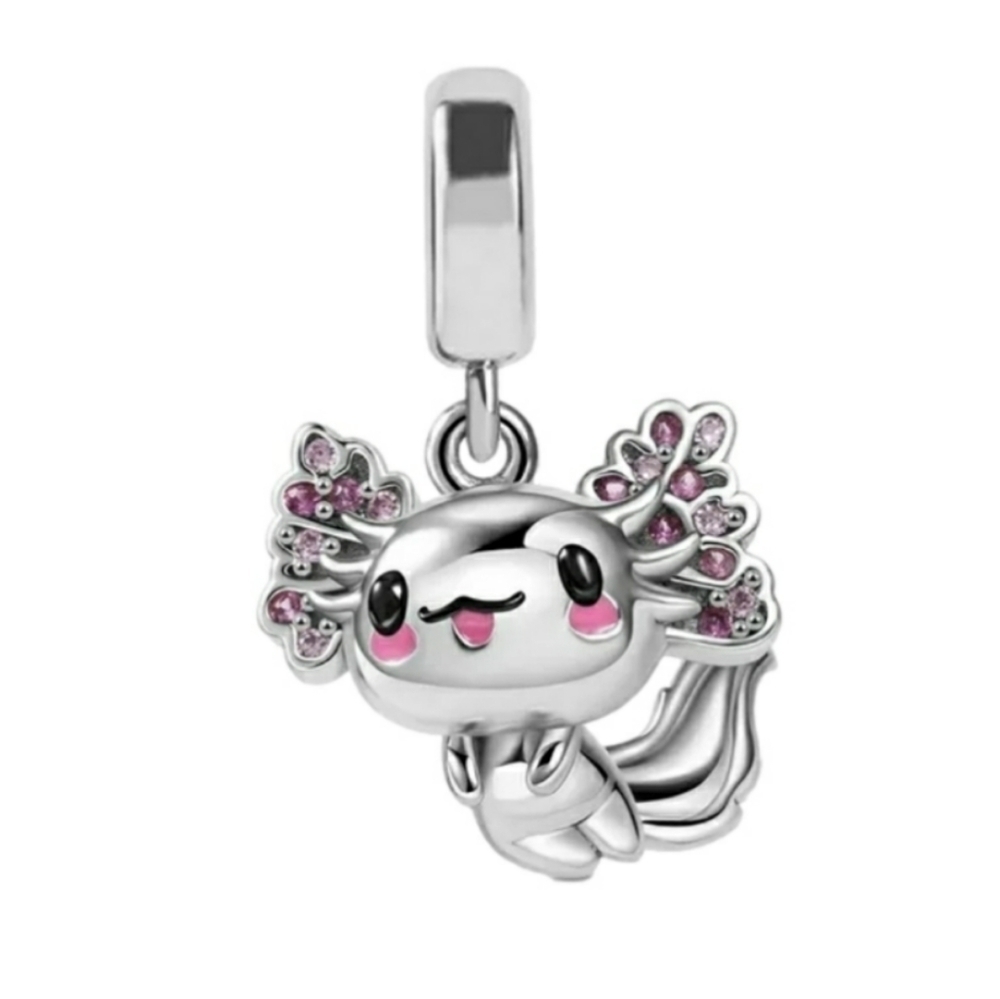 Kawaii Axolotl Bracelet Charm Sterling Silver 925 Dangle Charm with Pink